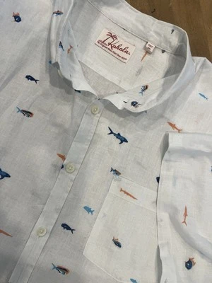 Kahala Linen Hawaiian Shirt Button Down Fish print Aloha Men's Size 3XL White - Image 1 of 4