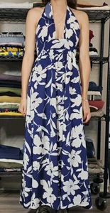MSK Floral Maxi Dress Halter Neck Blue White Sleeveless Summer Resort Size S - Picture 1 of 7