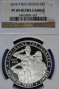 2010 P NGC PF69 ULTRA CAMEO BOY SCOUTS COMMEMORATIVE SILVER DOLLAR #B51098 - Picture 1 of 2