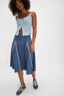 Falda midi Free People Amelia S 6 para mujer azul a rayas tiro bajo algodón NUEVA 44680 Foto 1 de 4