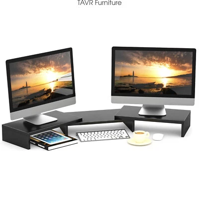 Dual Wood Monitor Riser with Length and Angle Adjustable 3 Shelf, Black - Image 1 of 4