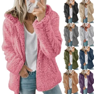 Ladies Fleece Fur Warm Fluffy Zip Up Cardigan Hooded Coat Jacket Sweatshirt Tops - Picture 1 of 22