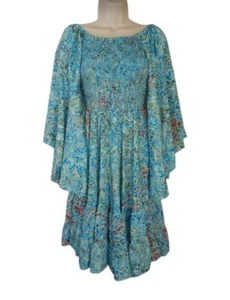 Zury Womens Mini Dress Blue Floral Smocked Bell Sleeves Silk XS - Picture 1 of 4