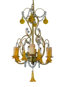 Vintage Chandelier Amber Glass Drops Prisms Beads 1930 Italian Ceiling 4 Lights - Picture 1 of 14
