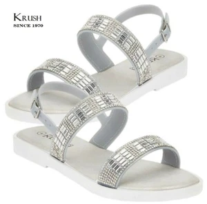 Stylish Silver Rhinestone Sandals Diamante Strappy Low Heel Summer Shoes Sizes - Picture 1 of 3