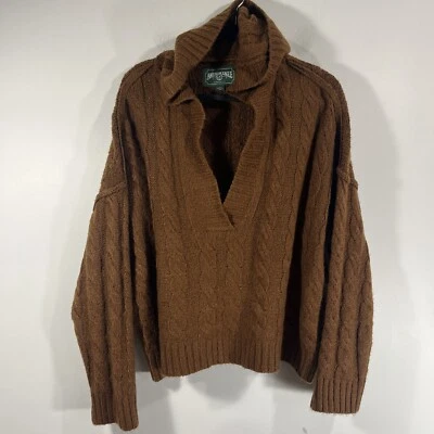 American Eagle Brown Cable Knit Hooded V-Neck Cropped Sweater Women's Large - Image 1 of 4