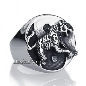Men's Boy's Large TIGER Chinese Yin Yang Silver Stainless Steel Ring  - Picture 1 of 5