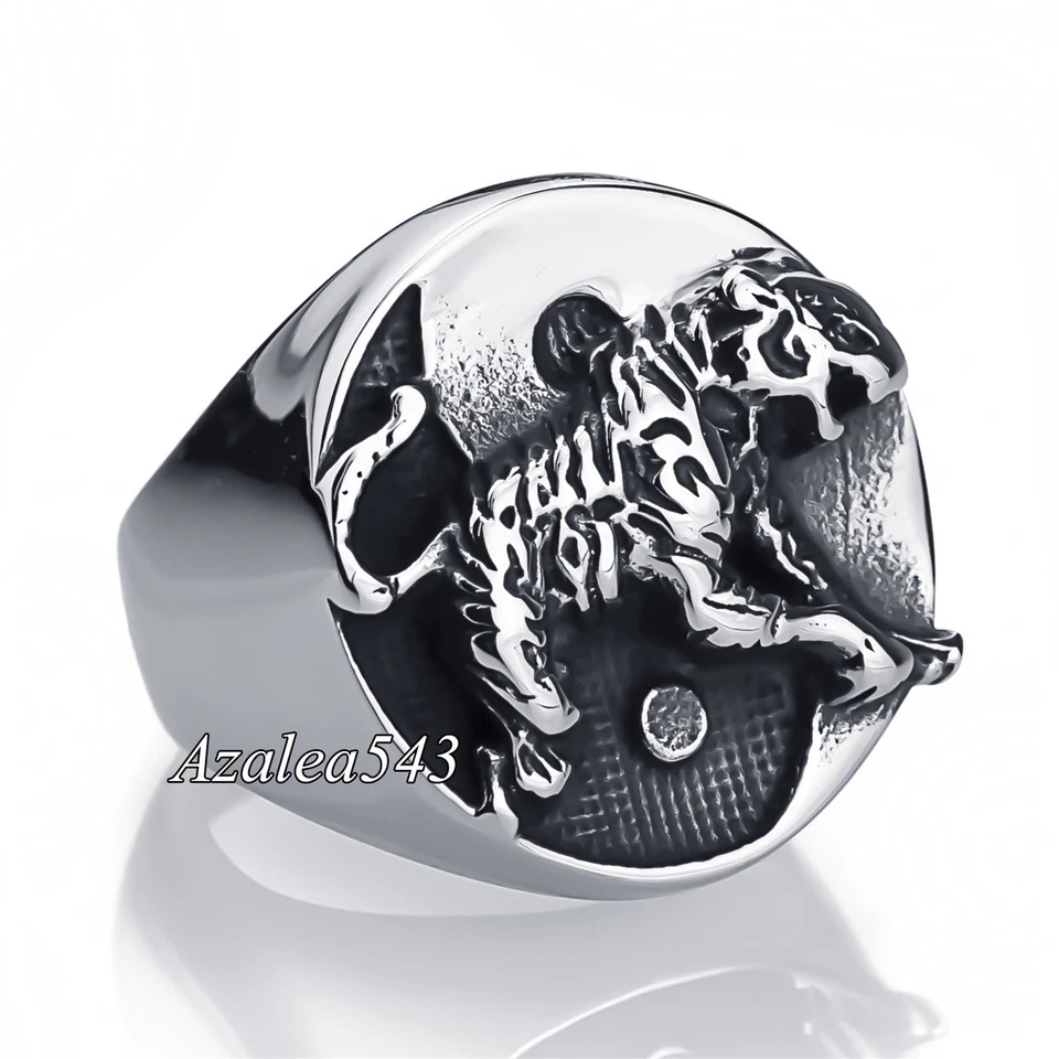Men's Boy's Large TIGER Chinese Yin Yang Silver Stainless Steel Ring  - Image 1 of 1