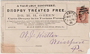 Atlanta GA 1885 Advt Cover DR HH GREEN Dropsy Treated Free (i72) - Picture 1 of 2