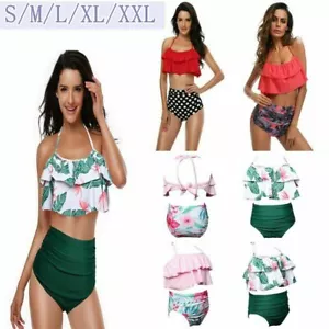 2 Pieces Women Sexy High Waist Swimwear Ruffle Vintage Bikini Halter Swimsuit US - Picture 1 of 31