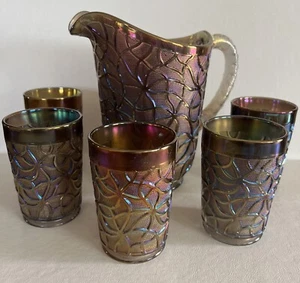 Imperial Glass Peacock Soda Gold Spider Web/Tree of Life Pitcher & 5 Tumblers - Picture 1 of 12
