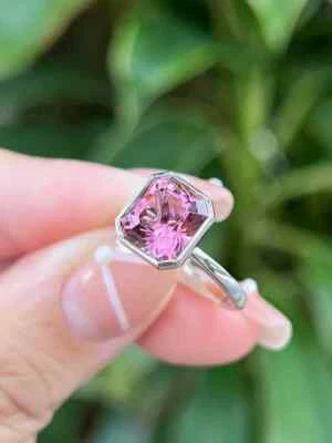 4.00 Ct Asscher Cut Natural Pink Tourmaline Wedding Ring 14K White Gold Size 7 8 - Image 1 of 4