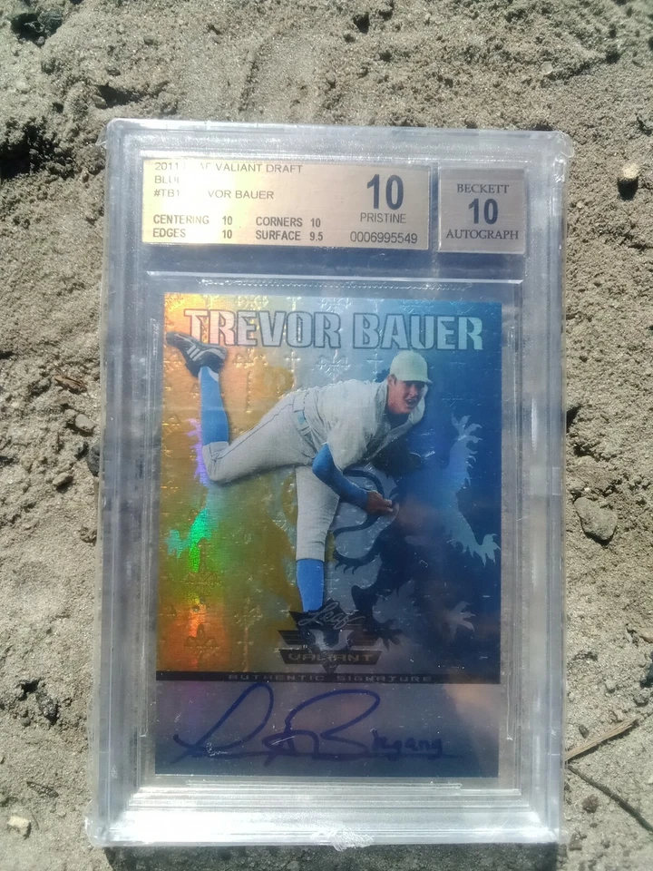 Autographed 2011 Trevor Bauer Blue Leaf Valiant Draft 10 graded - Image 1 of 2