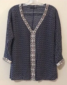 Thml Women’s Blue Print W/Embroidered Trim Boho Blouse 100% Rayon Size Med NEW - Bild 1 von 7