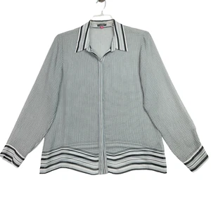 Blusa transparente con botones Vince Camuto para mujer talla L gris blanco a rayas manga larga - Imagen 1 de 8