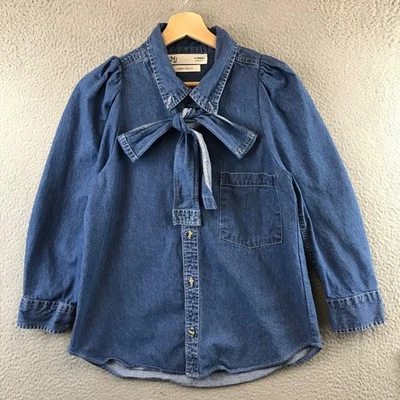 Camisa KMJ Poppy Denim Calce Manga Abullonada Cuello Arco Abotonada X Pequeña Hecha en EE. UU. Foto 1 de 4