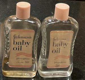 2 Johnson’s Baby Oil 4oz Glass Bottles 1/4 Full Pink Screw Top Lids Brunswick NJ - Picture 1 of 10