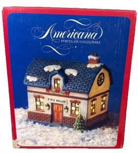 Americana Porcelain Collectible Fire House Lighted Christmas Village Decor - Picture 1 of 8