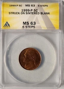 1999-P Jefferson Nickel Mint Error Struck On Sintered Blank MS 63   6-FULL STEPS - Picture 1 of 2