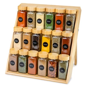 Bamboo Spice Rack Spice Jar Organizer with 3 tiers & FREE extras: funnel & hooks - Picture 1 of 12