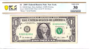 2009 $1 FRN PCGS VF 30 Fancy TRUE 0/1 BINARY Serial #B00010100H - Picture 1 of 2