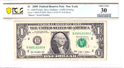 2009 $1 FRN PCGS VF 30 Fancy TRUE 0/1 BINARY Serial #B00010100H - Image 1 of 2