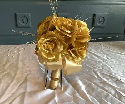 Gold colored roses and crystal bridal bouquet - Image 1 of 4
