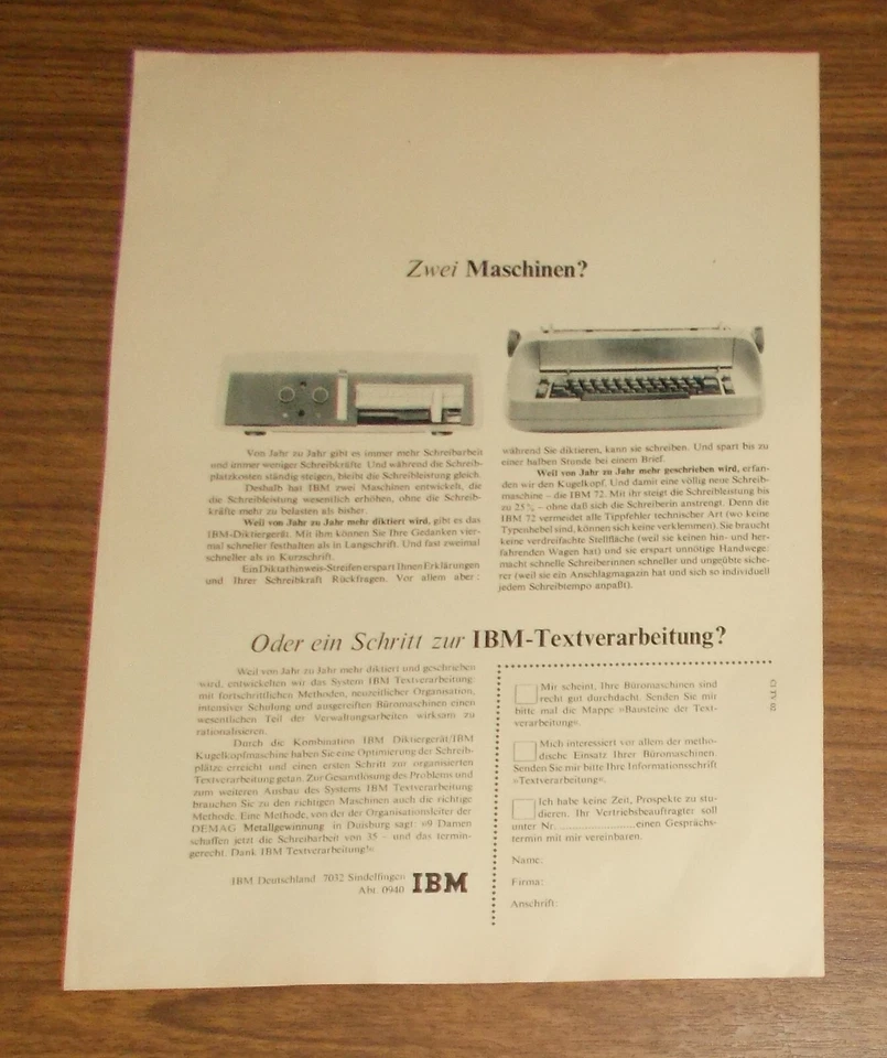 Seltene Werbung IBM 72 Schreibmaschine & Diktiergerät - Zwei Maschinen? 1971 - Bild 1 von 1