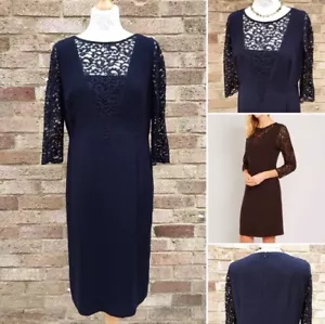 JAEGER Ponte Dress UK 14 Navy Blue Flocked Lace Smart Work Cocktail Party Cruise - Picture 1 of 12