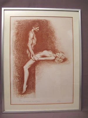 Lithographie signée Aslan : couple d'amoureux époque XX ème siècle - Photo 1/4