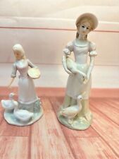 TWO Vintage KPM crown Porcelain China Figurines Lady Woman Maid feeding Geese