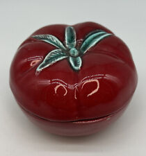 MId Century Ceramic TOMATO Trinkets Box W/Lid 3x4” Vintage Red & Turquoise Green