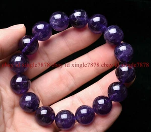Pulsera de cuentas redondas de cristal amatista púrpura natural genuino de 12 mm - Imagen 1 de 12