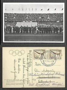 1936 Olympische Spiele rppc Flamme ankommen Berlin Stadion Deutschland 2 Briefmarken - Bild 1 von 3