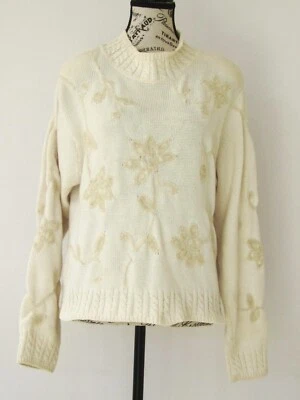 Suéter Liz Sport De Colección 100% Algodón Floral Bordado Crewel Off-White Talla S Foto 1 de 4