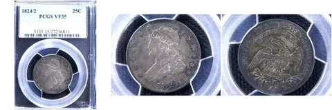 1824/2 25C VF35 PCGS-RARE POP 15 NICE TONING-Capped Bust Quarter Cover
