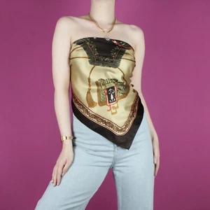 VINTAGE 80s 90s Scarf Satin Blouse Beige Chain Retro Crop cami tank ti Top S M L - Picture 1 of 8