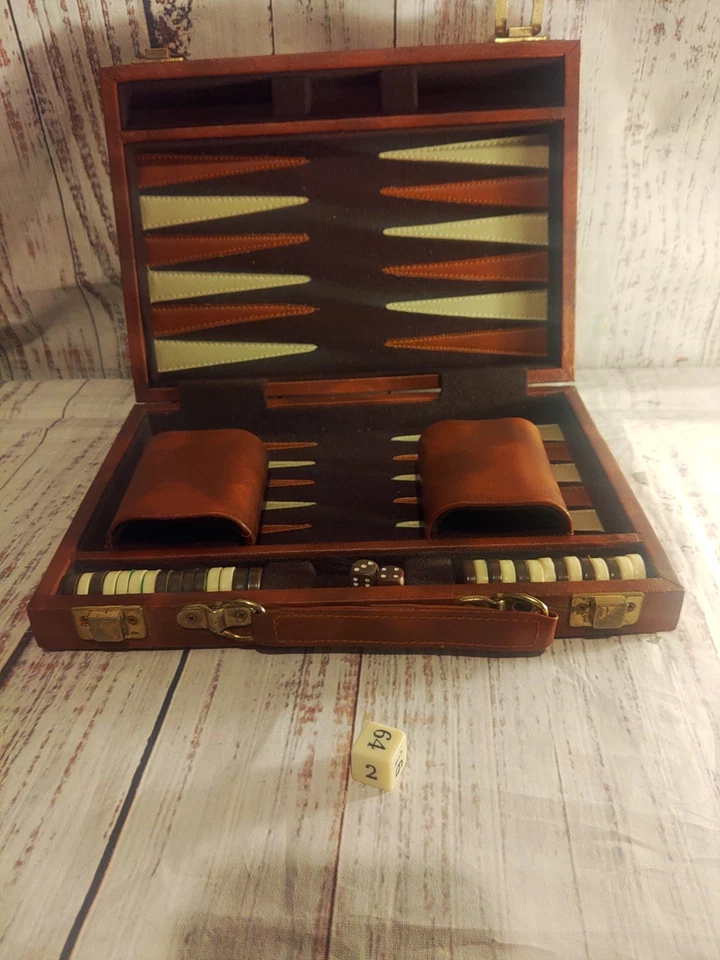 Vintage APEX Backgammon Game Set in a Faux Brown Leather Case w Book - Image 1 of 4