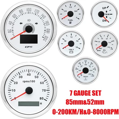 7 Gauge Set 85mm GPS Speedometer 200KM/H Tacho 8000RPM 52MM Fuel/Temp/Oil/Volt - Image 1 of 4