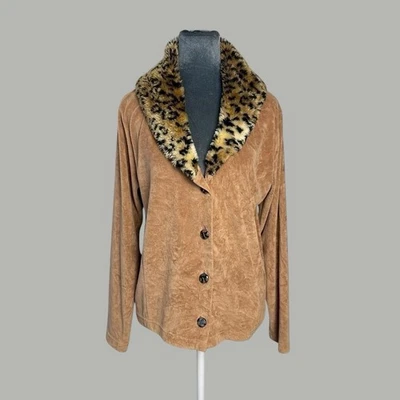 Cardigã vintage anos 90 anos 2000 estampa de leopardo gola de pele sintética veludo gótico retrô  - Imagem 1 de 4