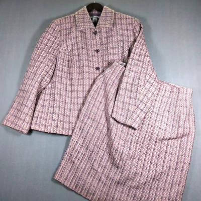 Conjunto de Traje Falda Nygard Tweed Talla 16 Rosa Púrpura Botón Frontal Chaqueta Debajo de la Rodilla Foto 1 de 4