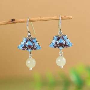 N05 Earrings Blue Purple Bloom With Ball Made Of Heller Jade Sterling Silver 925 - Imagen 1 de 6