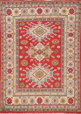 Red Geometric Kazak Rug 3x4 Ft Handmade Traditional Oriental Wool Foyer Carpet - Image 1 of 4