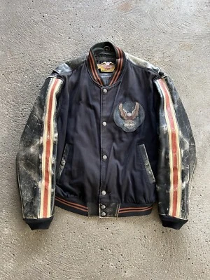 Harley Davidson 2XL Chaqueta Letterman Universitaria Vintage Cuero y Tela Pátina Foto 1 de 4