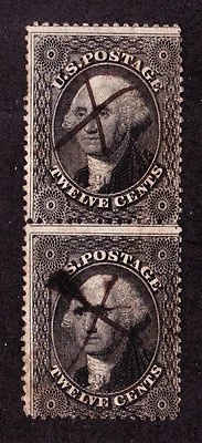US 36 12c Washington Used Vertical Pair F-VF w/ Pen Cancel SCV $350+ - Image 1 of 2