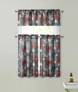 Holiday 3 Pc Plaid Christmas Reindeer Café Kitchen Curtain Tier & Valance Set - Picture 1 of 2