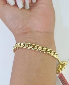 Real 14K Miami Cuban Bracelet Yellow Gold Box Clasp 8" Inch 7mm Link Hollow - Picture 1 of 7
