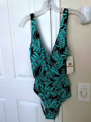 Traje de baño Jantzen Classics talla 12 nuevo con etiquetas aguamarina y marrón hoja de palma tropical Foto 1 de 3