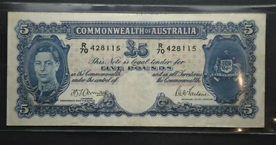 Australian 1941 Five Pound, £5, Armitage McFarlane Banknote R46 'R70 428115' - image 1 of 2