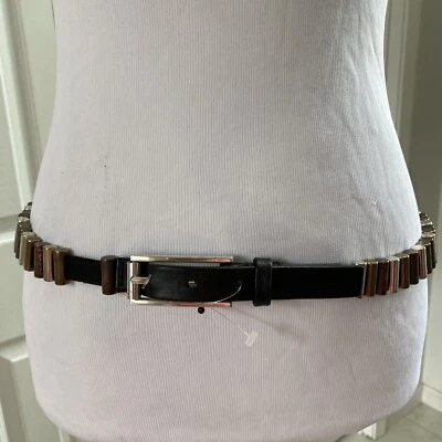 Chico's Black Leather Bronze Gold Silver Mixed metal Pieces Stretch belt S NWOT — 第 1/4 张图片